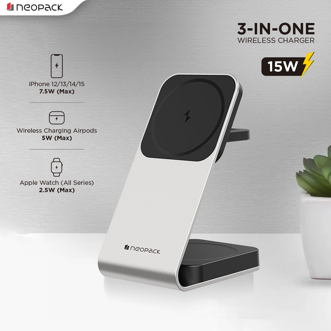 3 IN One Wireless Charging Stand 15W Compatible With iPhone, Apple Watch & Airpod (Silver)