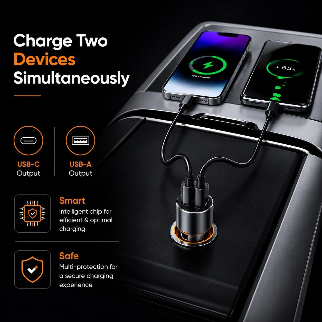 48W Dual Port Turbo Car Charger with USB-C @ 30W & USB-A @ 18W Max (Black)