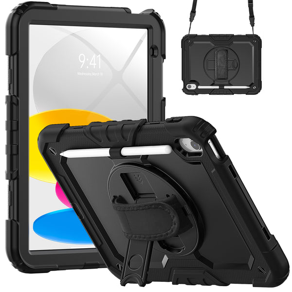 Military Grade Shockproof Rugged Case with Shoulder Strap & Rotating Stand for iPad 10.9" 10th Gen (Black)
