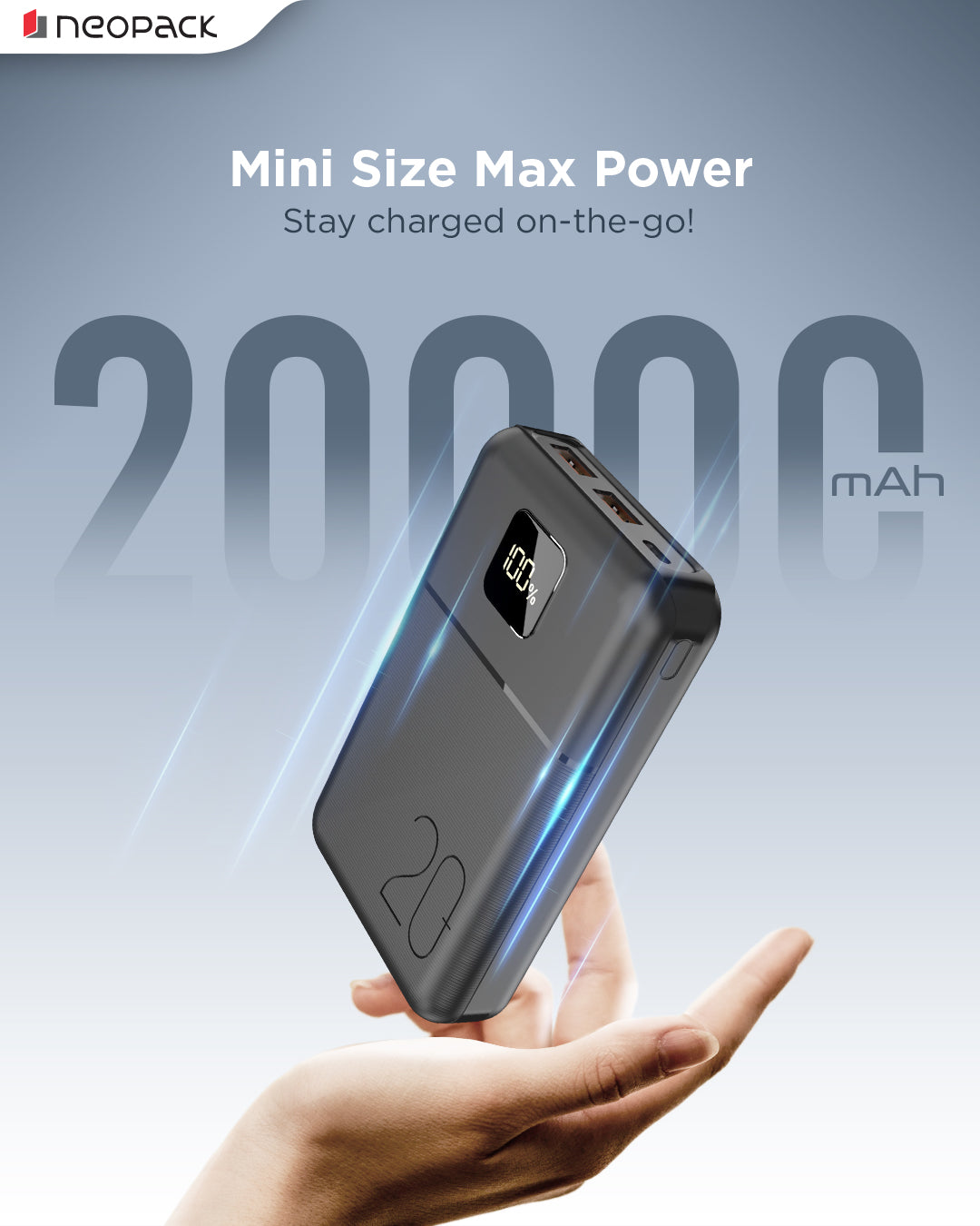 Slimline Power Bank 20000 mAH | 22.5W Fast Charging | Digital Display | Slim Pocket Size Portable Charger (Black)