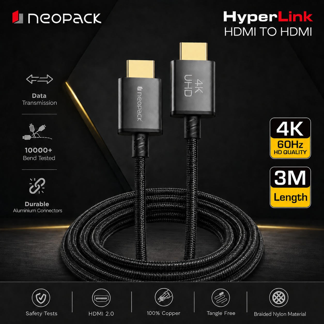 Hyperlink 4K HDMI to HDMI High-Speed Cable with Braided Nylon Material for TV, Monitor, Laptop, Projector & Gaming (Length: 3 Meter)