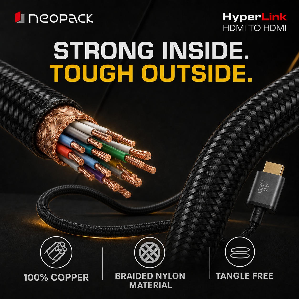 Hyperlink 4K HDMI to HDMI High-Speed Cable with Braided Nylon Material for TV, Monitor, Laptop, Projector & Gaming (Length: 2 Meter)