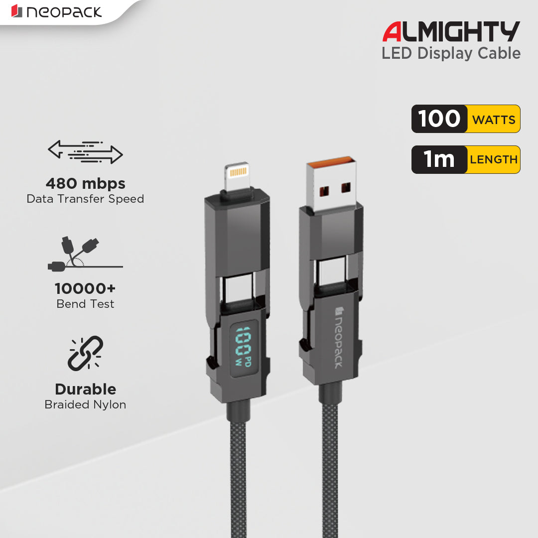 Almighty 4 In1 Cable 100W with LED Display for MacBooks, iPhones, iPads, Tablets, Smartphones, and Other Accessories (Black)