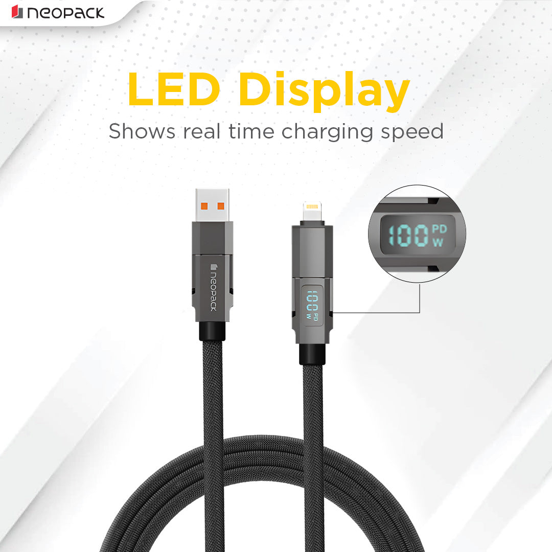 Almighty 4 In1 Cable 100W with LED Display for MacBooks, iPhones, iPads, Tablets, Smartphones, and Other Accessories (Black)