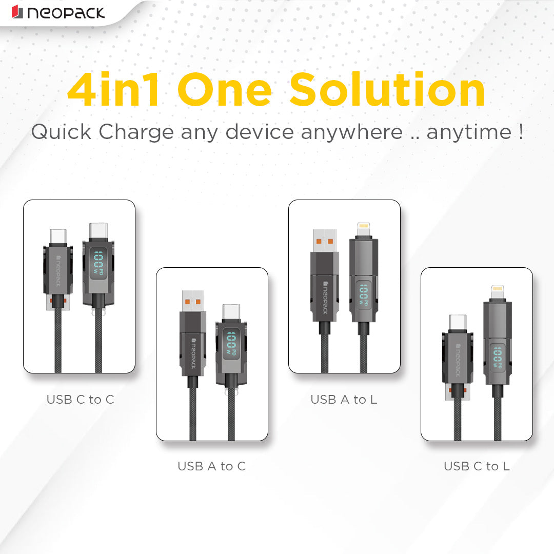 Almighty 4 In1 Cable 100W with LED Display for MacBooks, iPhones, iPads, Tablets, Smartphones, and Other Accessories (Black)