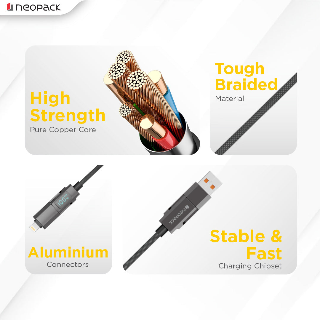 Almighty 4 In1 Cable 100W with LED Display for MacBooks, iPhones, iPads, Tablets, Smartphones, and Other Accessories (Black)