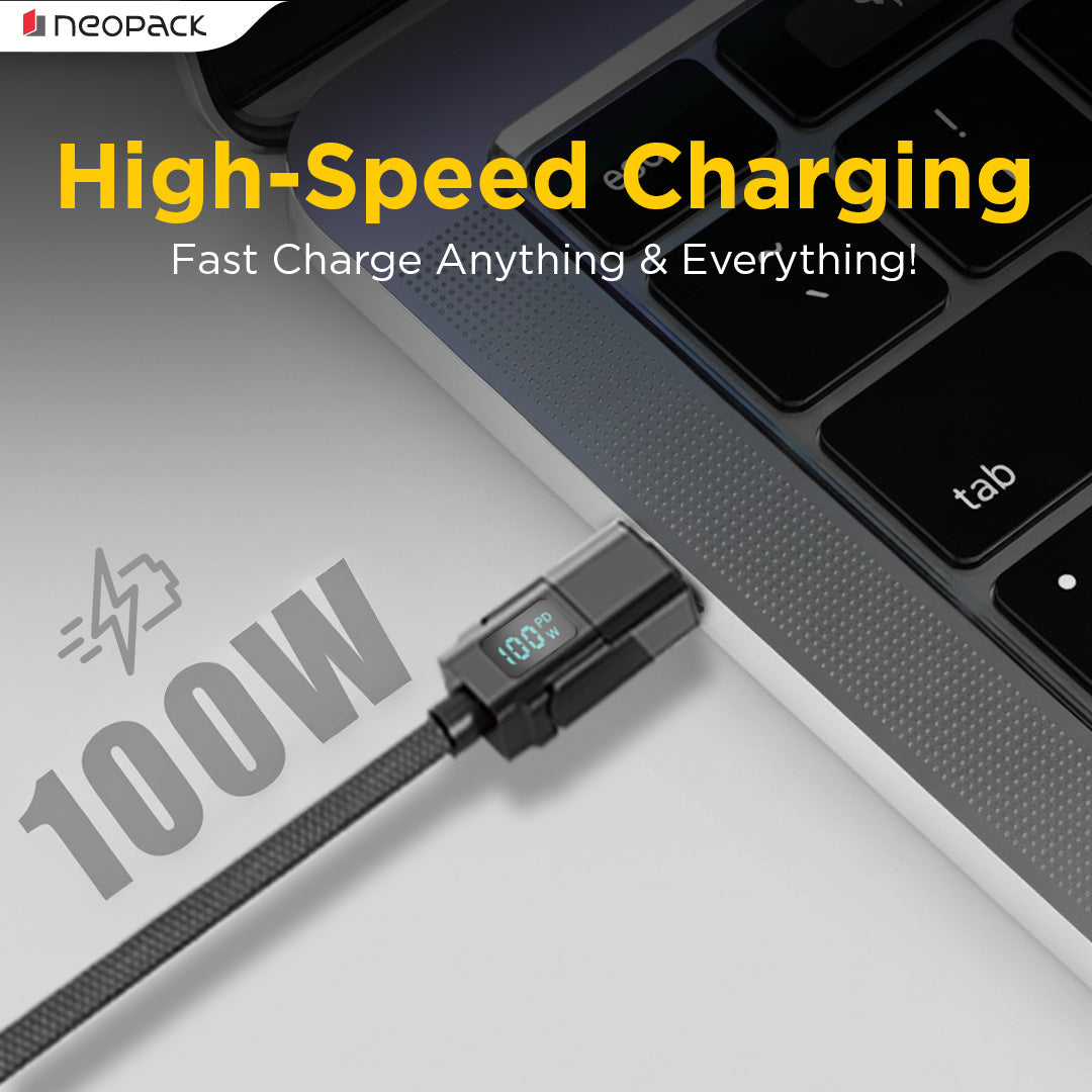 Almighty 4 In1 Cable 100W with LED Display for MacBooks, iPhones, iPads, Tablets, Smartphones, and Other Accessories (Black)
