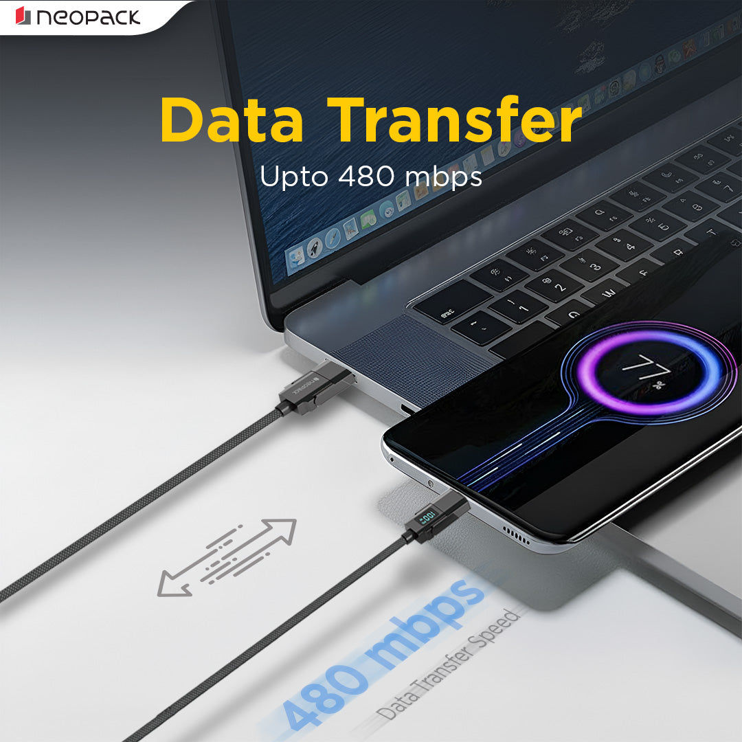 Almighty 4 In1 Cable 100W with LED Display for MacBooks, iPhones, iPads, Tablets, Smartphones, and Other Accessories (Black)