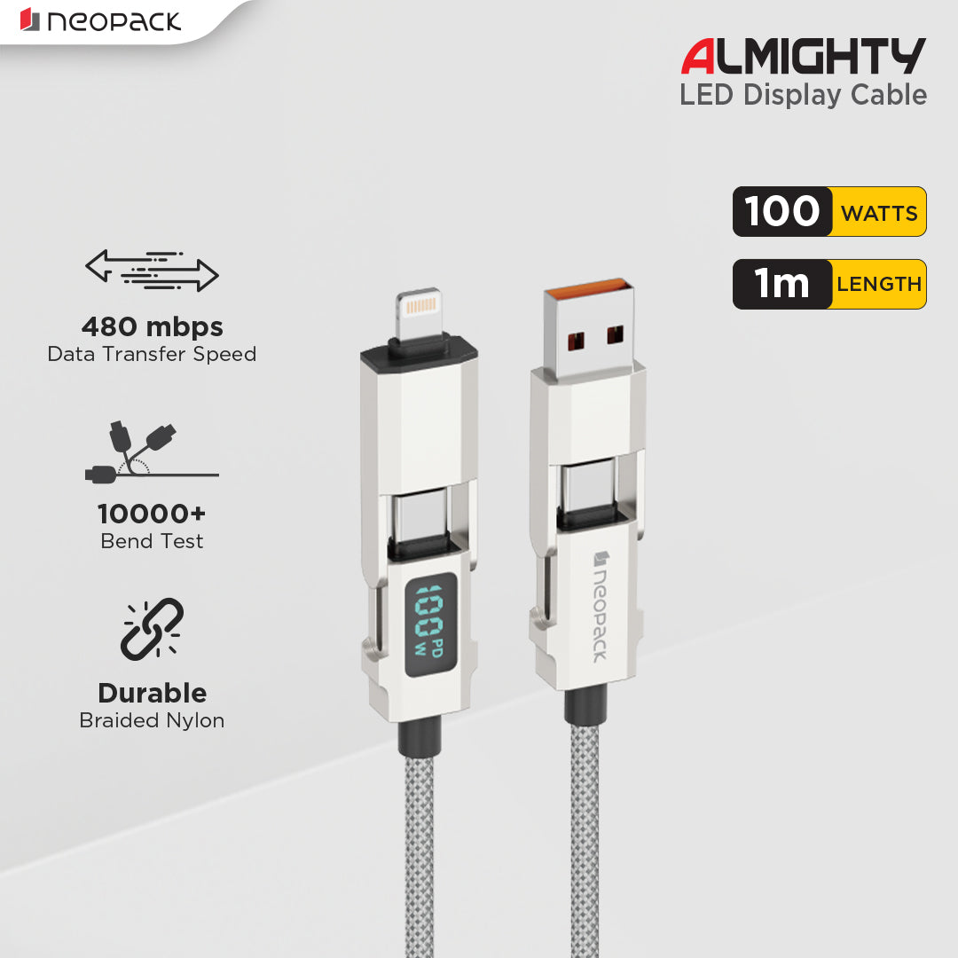 Almighty 4 In1 Cable 100W with LED Display for MacBooks, iPhones, iPads, Tablets, Smartphones, and Other Accessories (Silver)