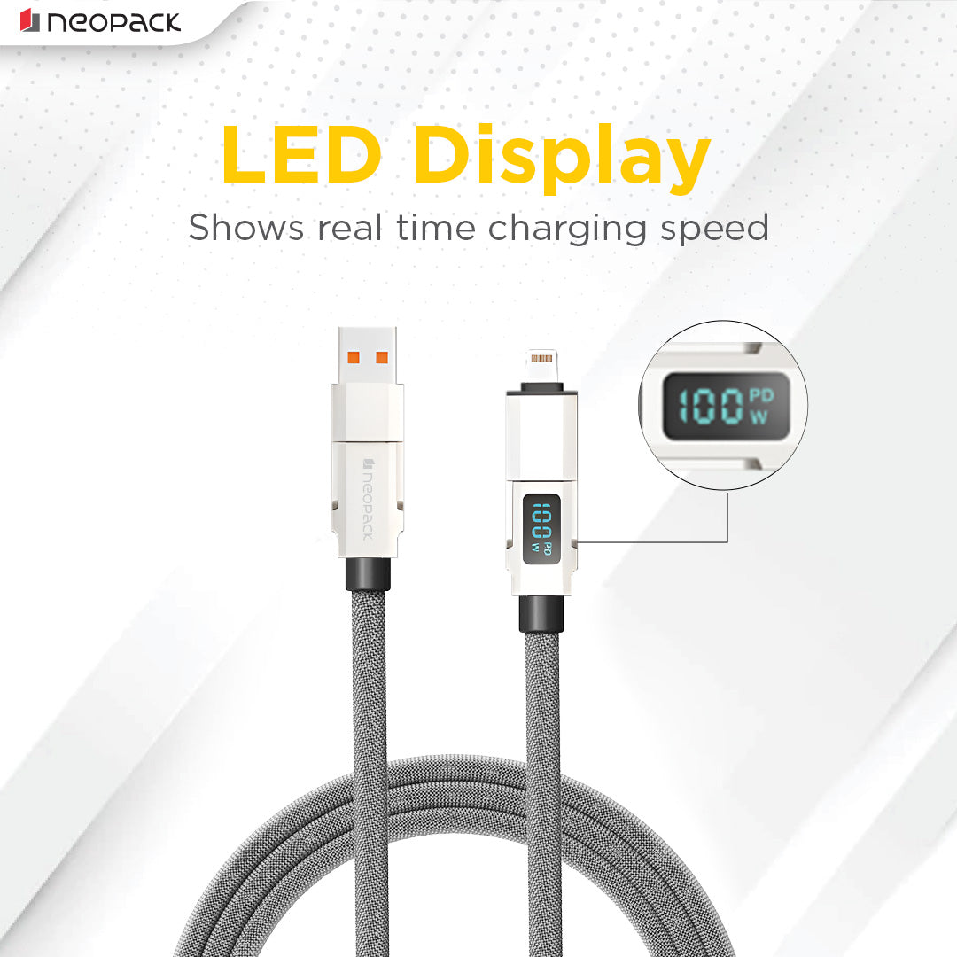 Almighty 4 In1 Cable 100W with LED Display for MacBooks, iPhones, iPads, Tablets, Smartphones, and Other Accessories (Silver)
