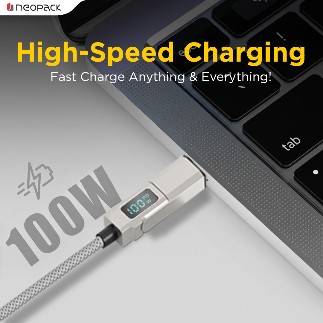 Almighty 4 In1 Cable 100W with LED Display for MacBooks, iPhones, iPads, Tablets, Smartphones, and Other Accessories (Silver)