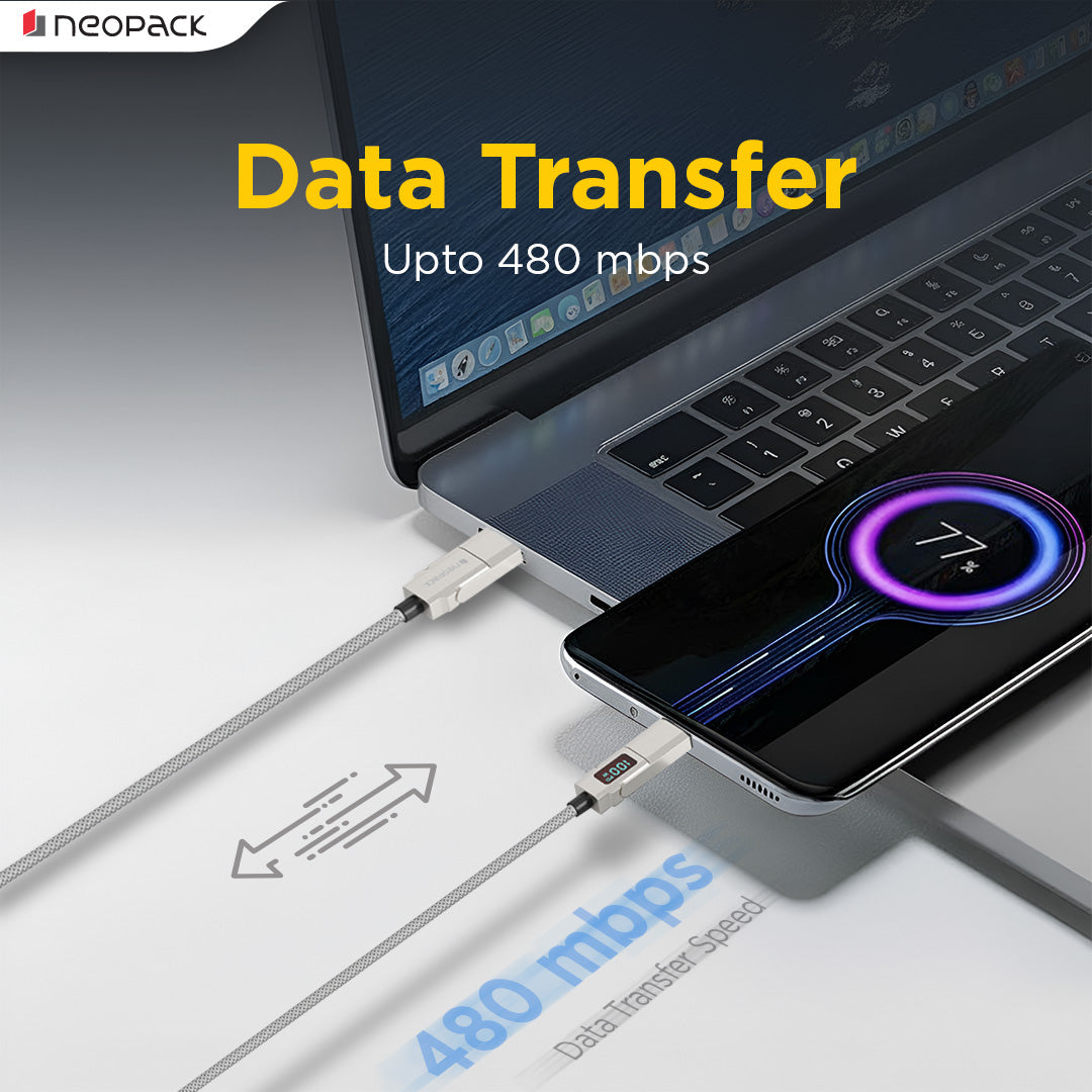 Almighty 4 In1 Cable 100W with LED Display for MacBooks, iPhones, iPads, Tablets, Smartphones, and Other Accessories (Silver)