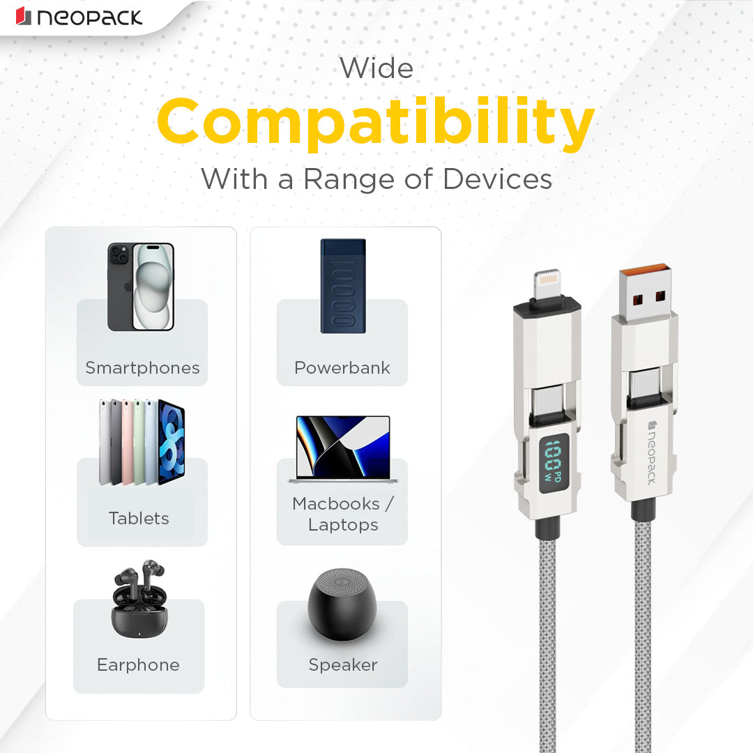 Almighty 4 In1 Cable 100W with LED Display for MacBooks, iPhones, iPads, Tablets, Smartphones, and Other Accessories (Silver)