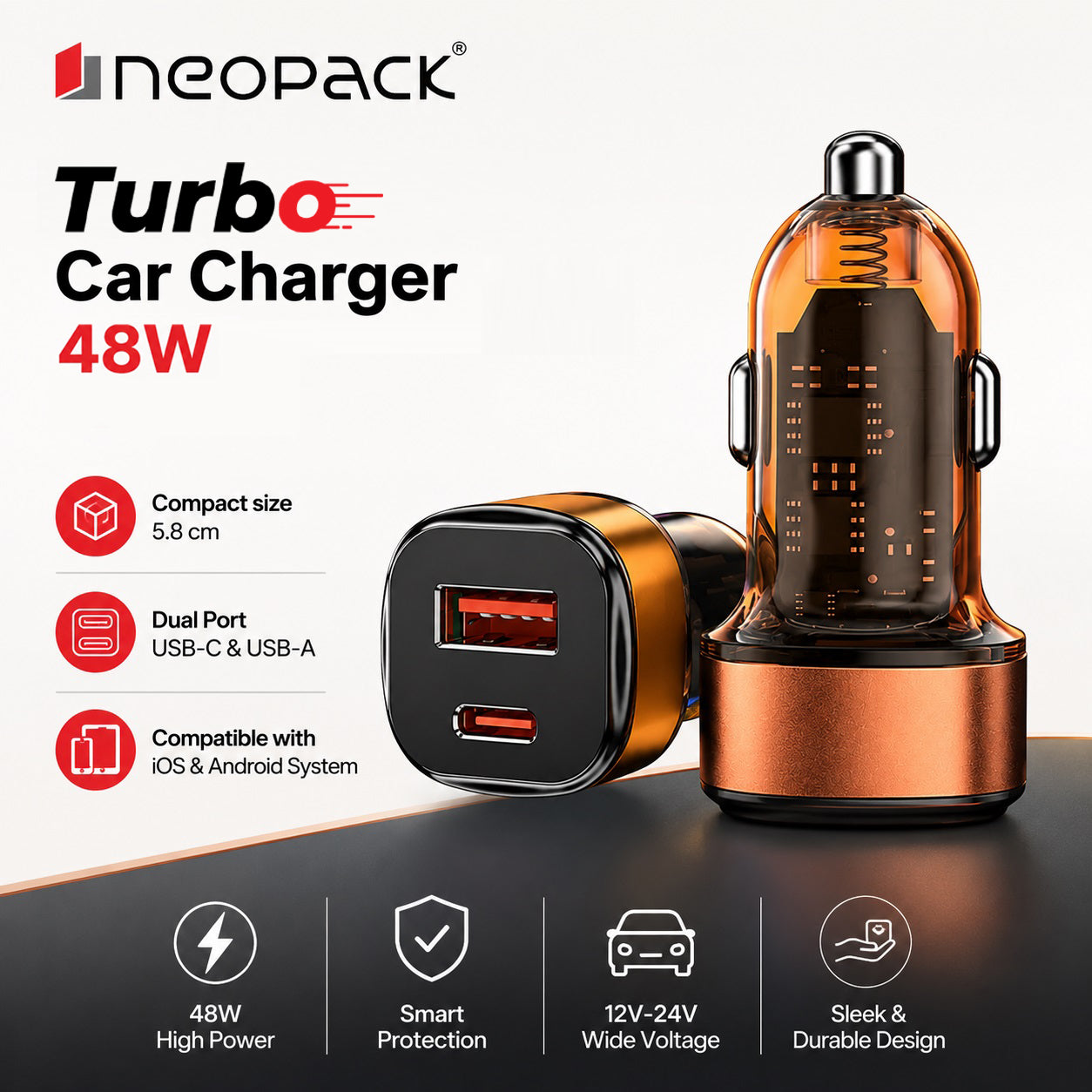 48W Dual Port Turbo Car Charger with USB-C @ 30W & USB-A @ 18W Max (Orange)