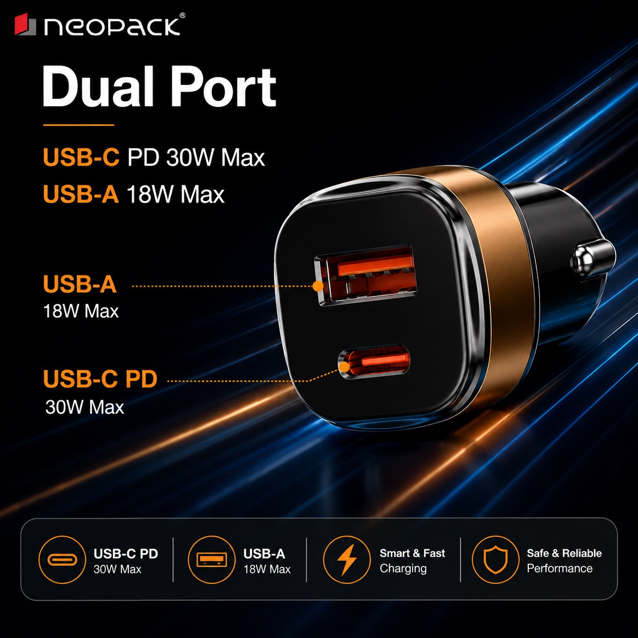 48W Dual Port Turbo Car Charger with USB-C @ 30W & USB-A @ 18W Max (Orange)