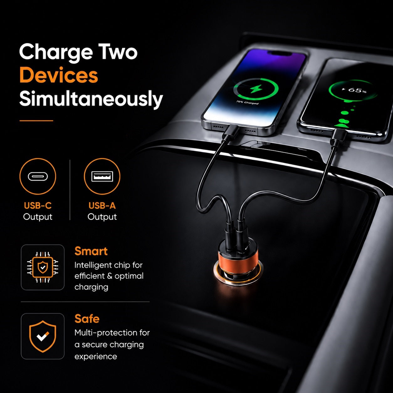 48W Dual Port Turbo Car Charger with USB-C @ 30W & USB-A @ 18W Max (Orange)