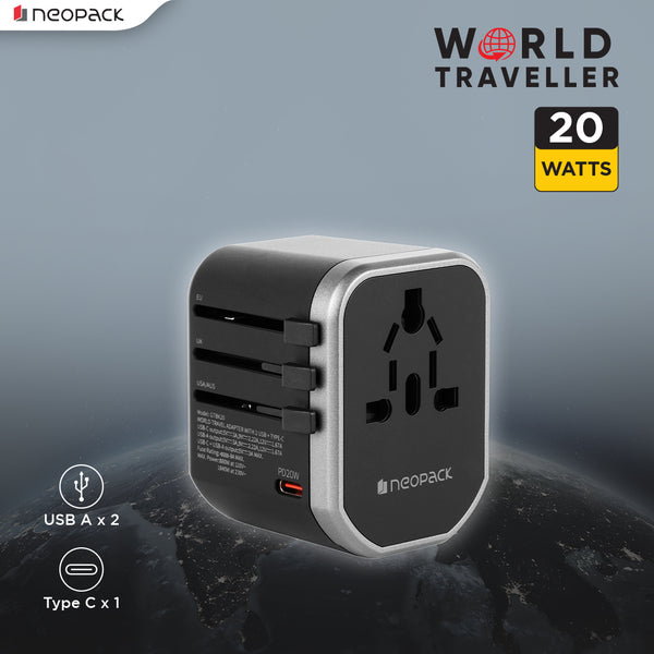 World Traveller Plus Adapter 20W with India Plug Compatible Sockets, 1 X USB-C PD + 2 X USB A Pots, All in One Worldwide for USA, EU, UK, AUS (Black)