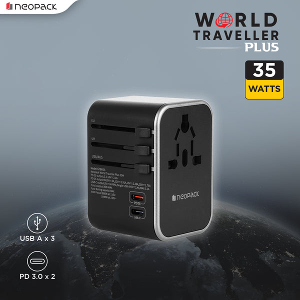 World Traveller Plus Adapter 35W with India Plug Compatible Sockets, 2 X USB-C PD + 3 X USB A Pots, All in One Worldwide for USA, EU, UK, AUS (Black)