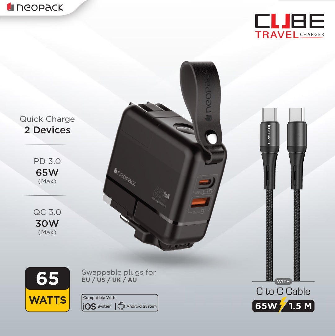 Cube Travel Charger 65W Dual Port Adapter with USB-C to C Cable for Macbooks, smartphones, tablets, and various other accessories (Black)