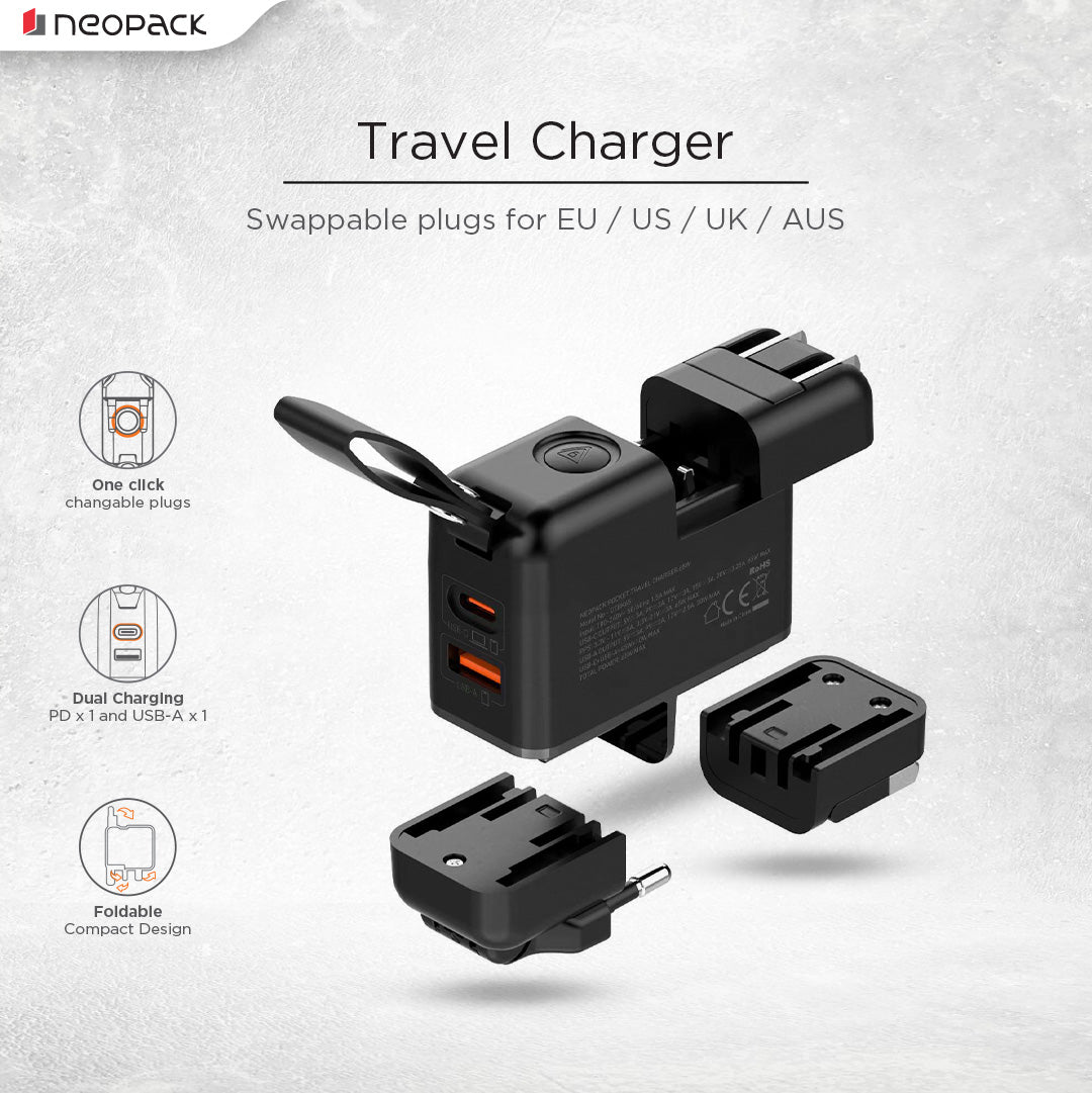 Cube Travel Charger 65W Dual Port Adapter with USB-C to C Cable for Macbooks, smartphones, tablets, and various other accessories (Black)