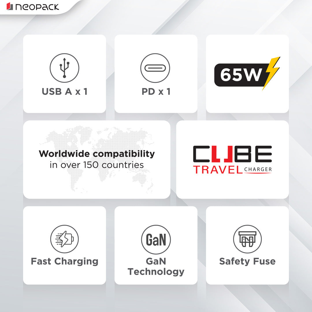 Cube Travel Charger 65W Dual Port Adapter with USB-C to C Cable for Macbooks, smartphones, tablets, and various other accessories (Black)