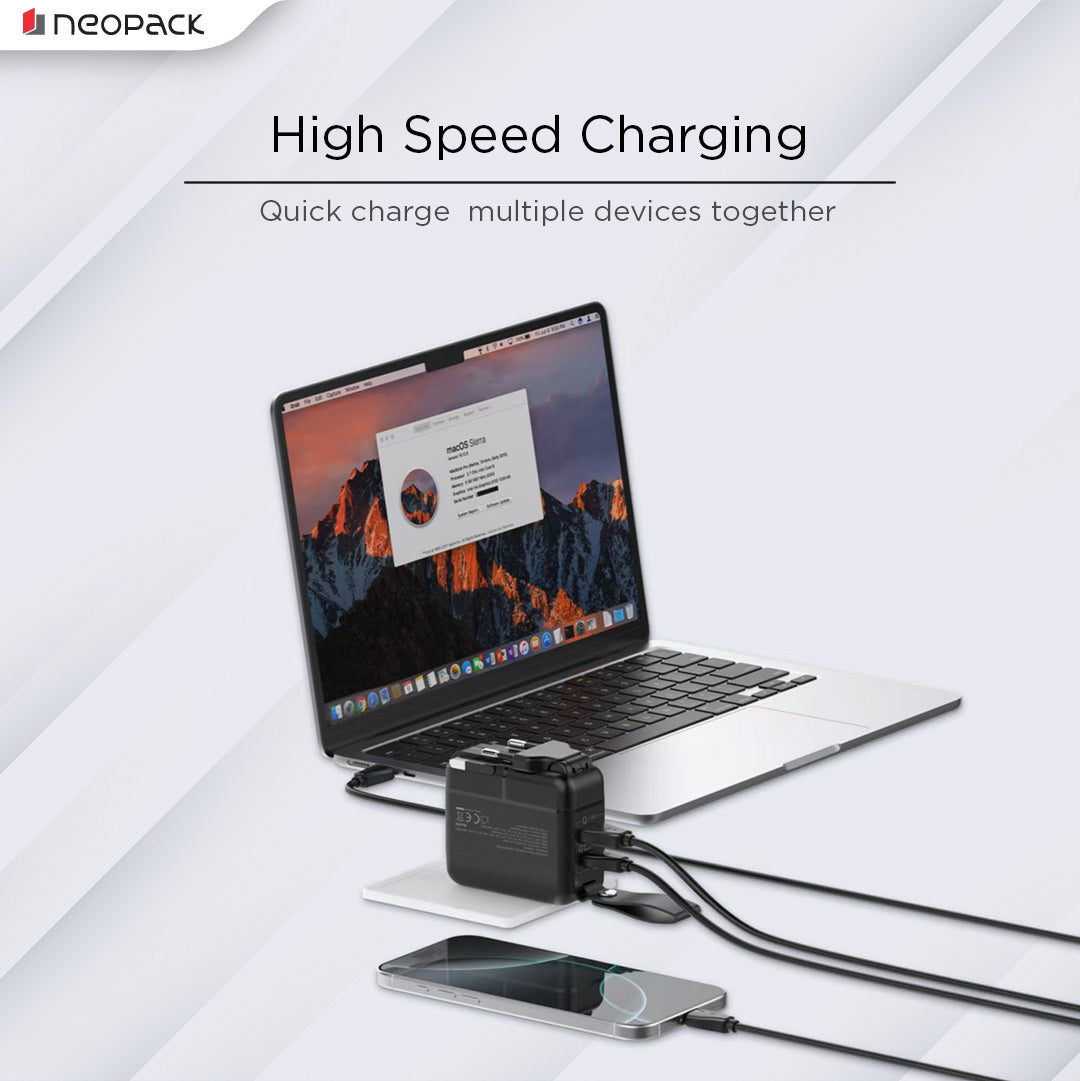 Cube Travel Charger 65W Dual Port Adapter with USB-C to C Cable for Macbooks, smartphones, tablets, and various other accessories (Black)