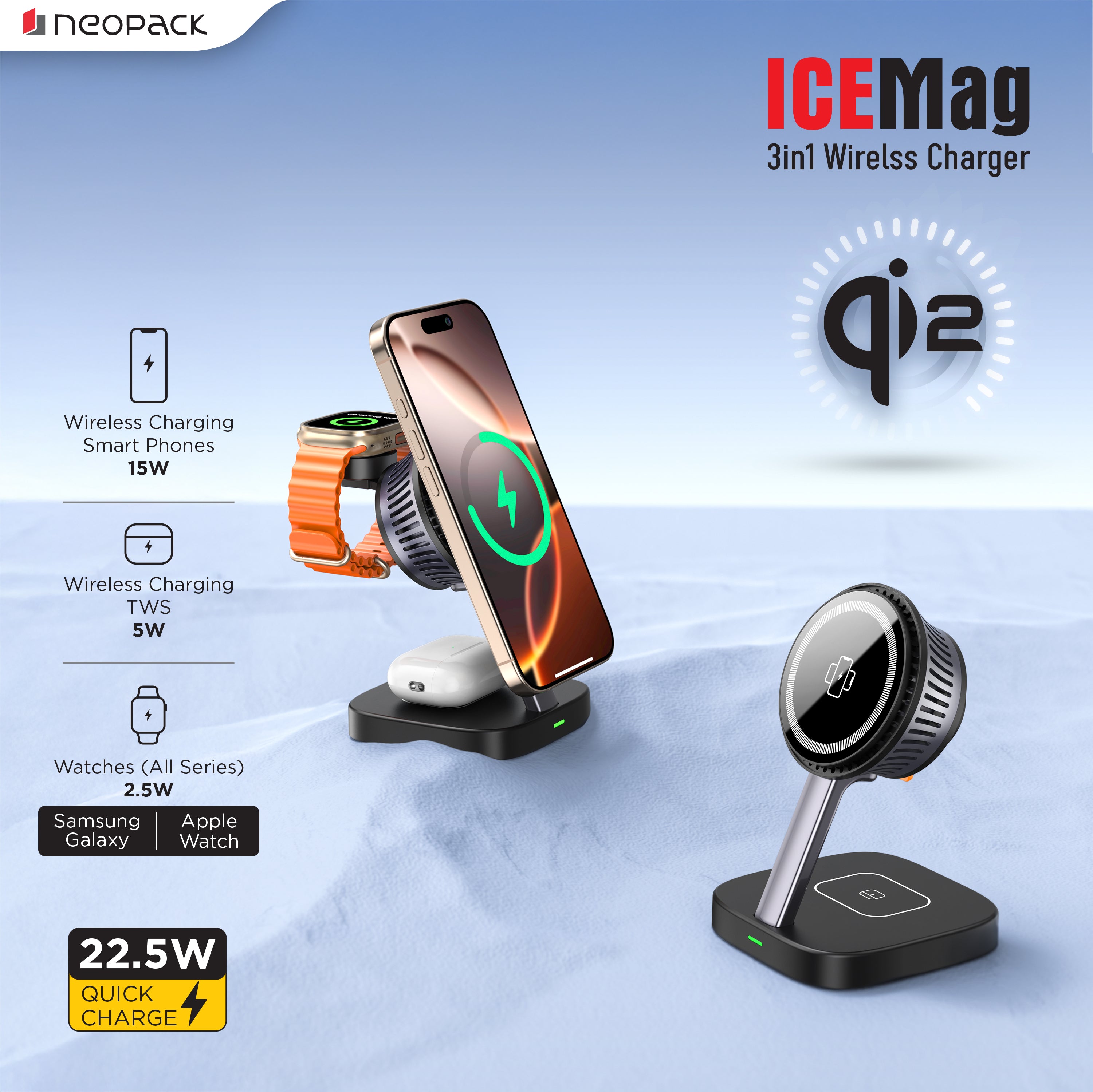ICEMag 3in1 Wireless Charger Qi2 with Cryocore Cooling Technology, 22.5W Fast Charging (Black)