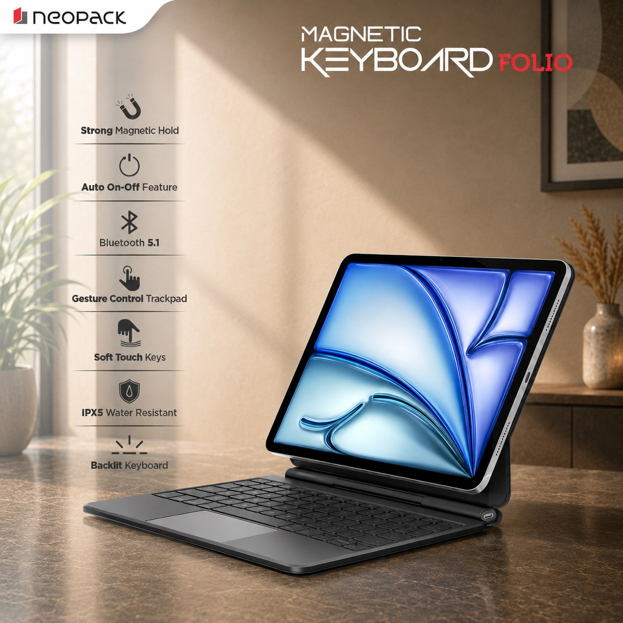 Magnetic Keyboard Folio with Trackpad for Apple iPad Air 13, Fits: M2, M3, M4 Models (Black)