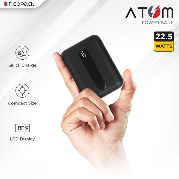 Atom 10000 mAH Power Bank with USB-A & USB-C @ 22.5W Dual Port Fast Charging Outputs (Black)