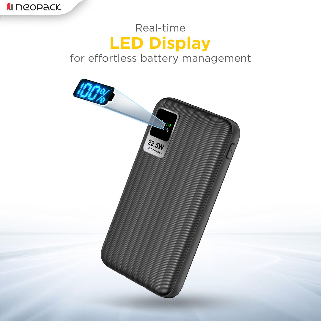 Power-Loop 10000mAh Power Bank with LED Display, Smart Chipset & 22.5W Fast Charging Portable Charger (Black)