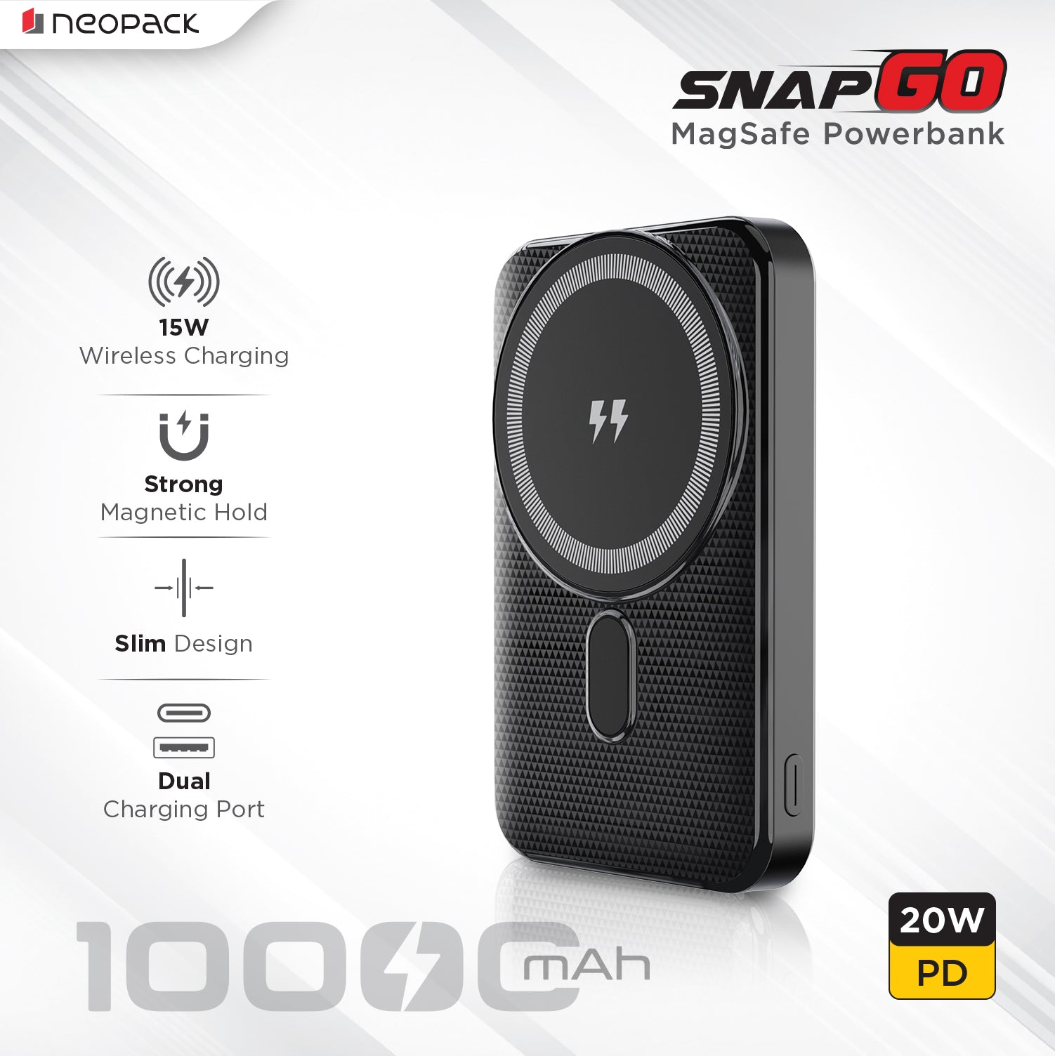 SnapGO Magsafe Power Bank 10000 mAH with Wireless Charging @ 15W & Type C @ 22.5 W Fast Charging (Black)