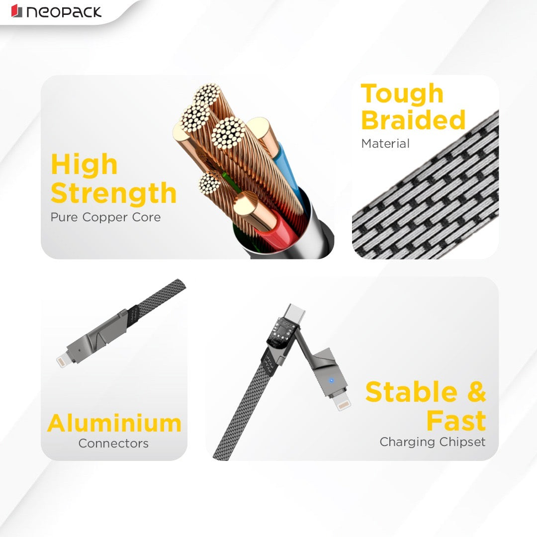 Almighty 4 In1 Cable 66W for MacBooks, iPhones, iPads, Tablets, Smartphones, and Other Accessories (Black)