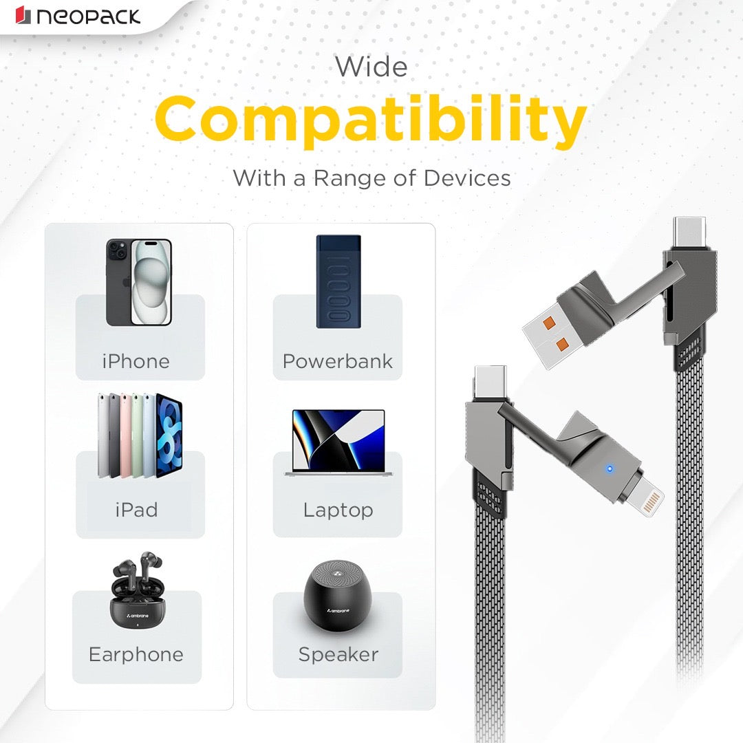 Almighty 4 In1 Cable 66W for MacBooks, iPhones, iPads, Tablets, Smartphones, and Other Accessories (Black)