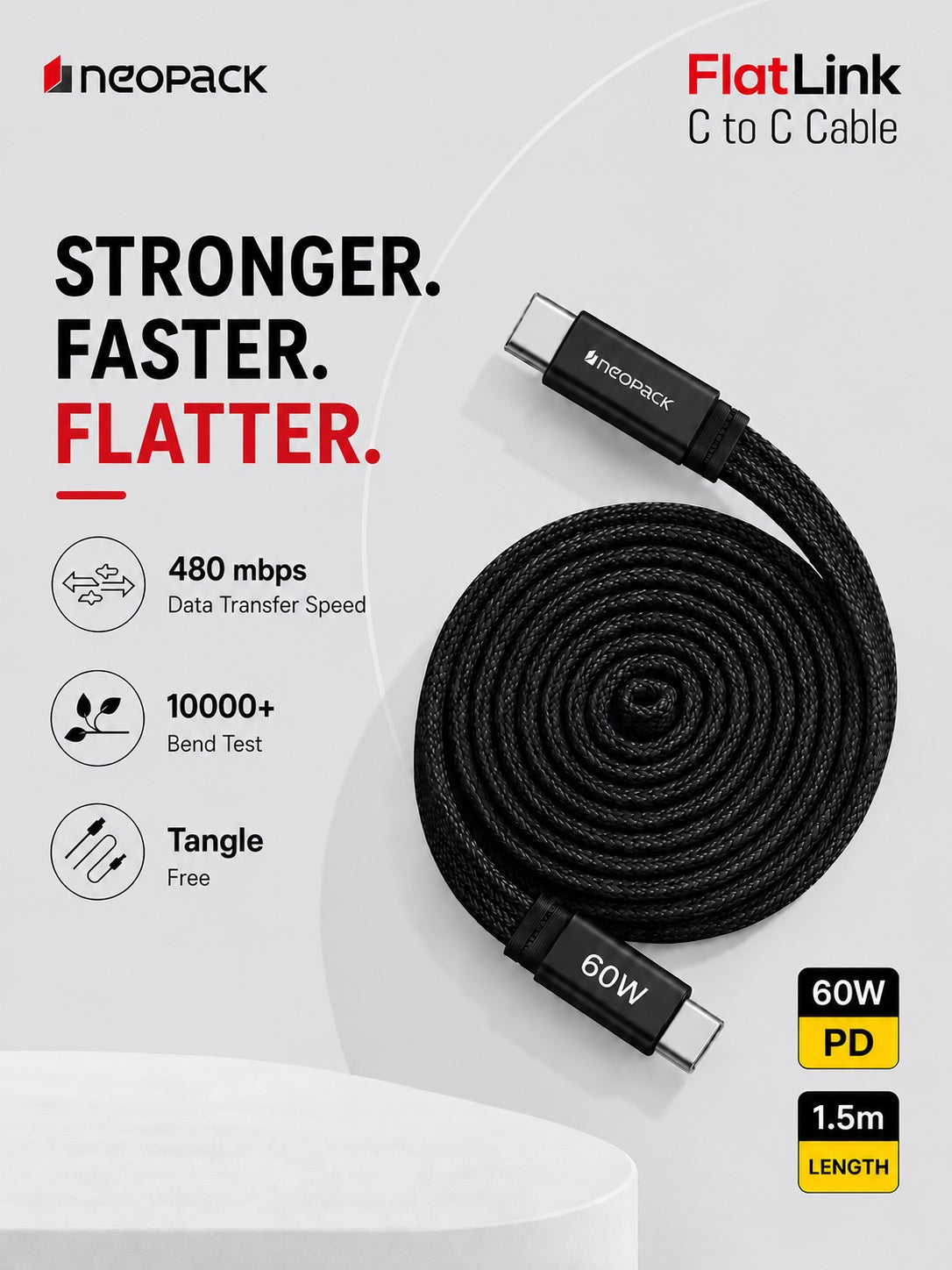 Flatlink Type-C to C 60W PD Fast Charging Cable with Braided Design & 480Mbps Data Sync 1.5M (Black)