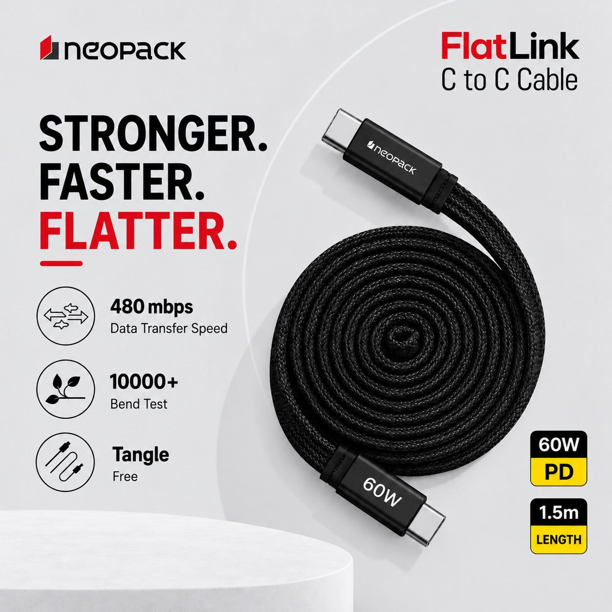 Flatlink Type-C to C 60W PD Fast Charging Cable with Braided Design & 480Mbps Data Sync 1.5M (Black)