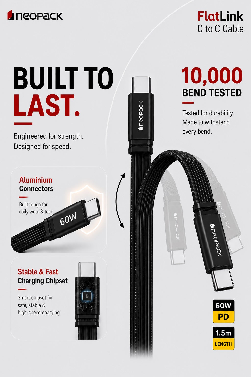 Flatlink Type-C to C 60W PD Fast Charging Cable with Braided Design & 480Mbps Data Sync 1.5M (Black)