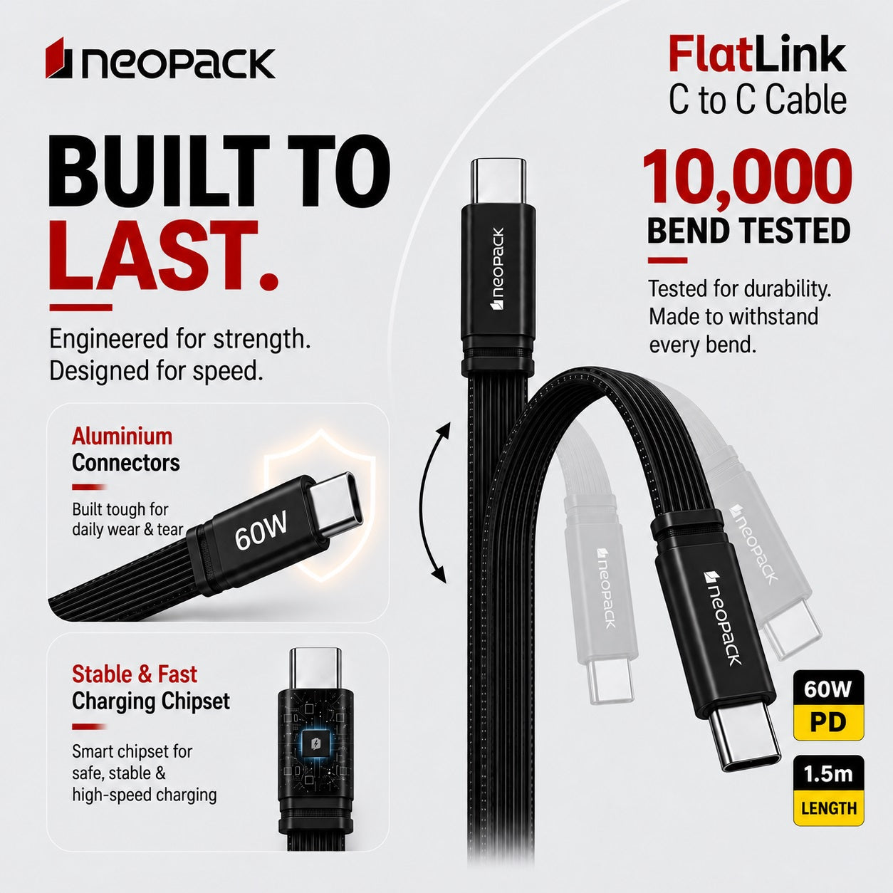 Flatlink Type-C to C 60W PD Fast Charging Cable with Braided Design & 480Mbps Data Sync 1.5M (Black)