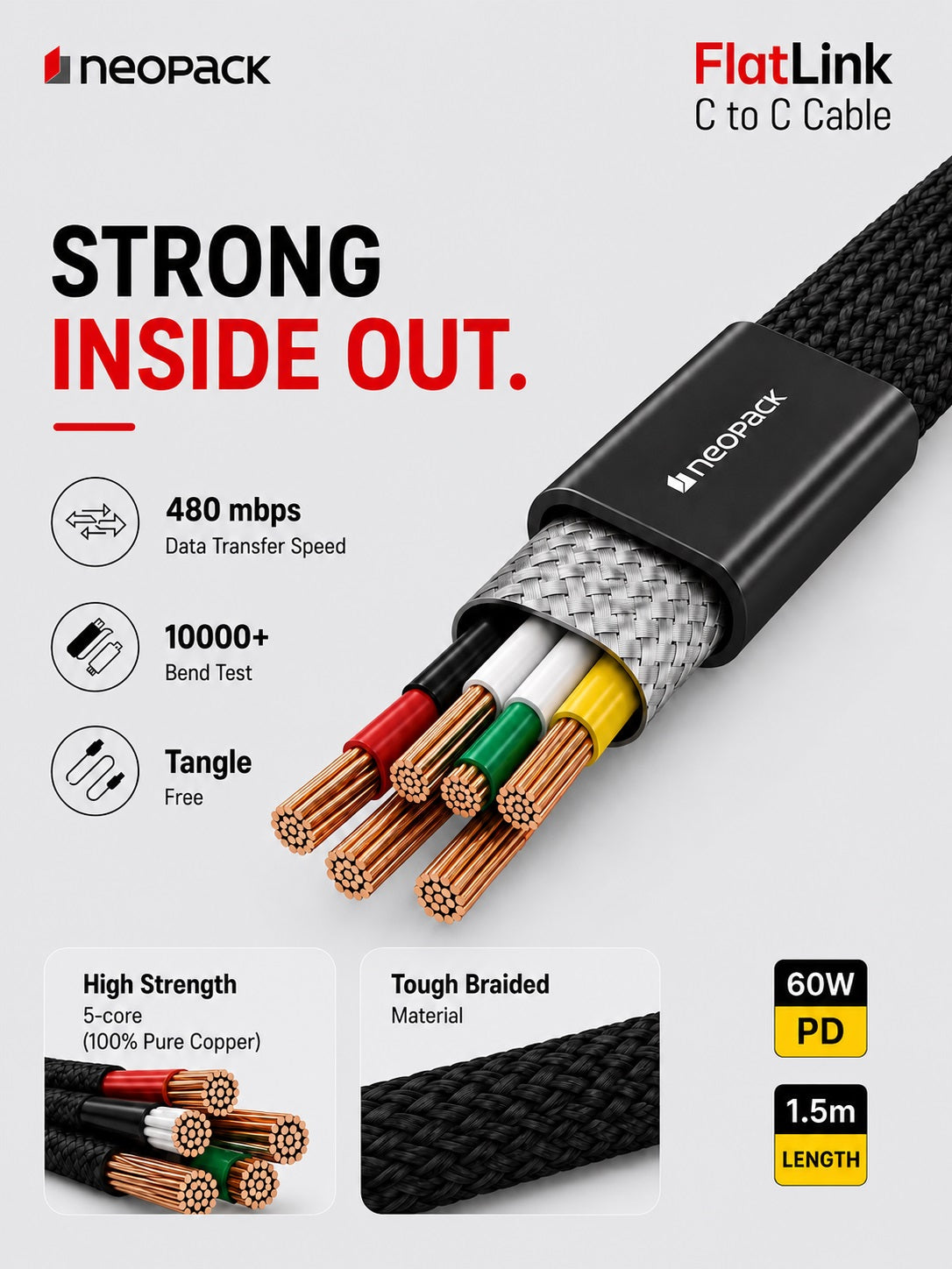 Flatlink Type-C to C 60W PD Fast Charging Cable with Braided Design & 480Mbps Data Sync 1.5M (Black)