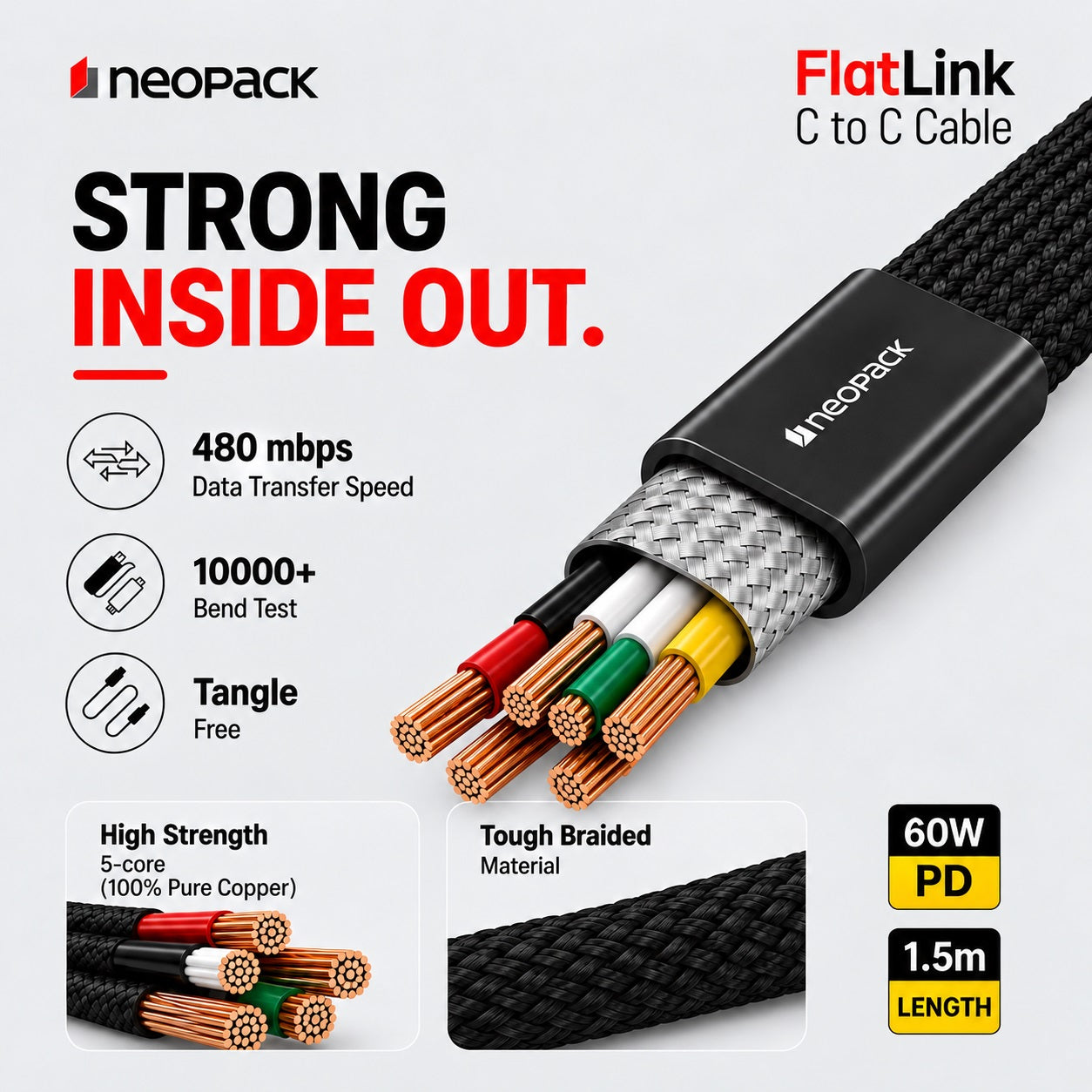Flatlink Type-C to C 60W PD Fast Charging Cable with Braided Design & 480Mbps Data Sync 1.5M (Black)