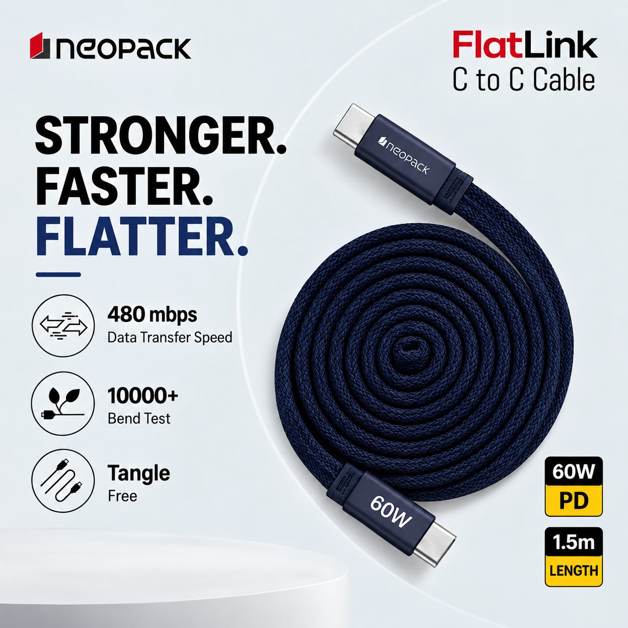 Flatlink Type-C to C 60W PD Fast Charging Cable with Braided Design & 480Mbps Data Sync 1.5M (Blue)
