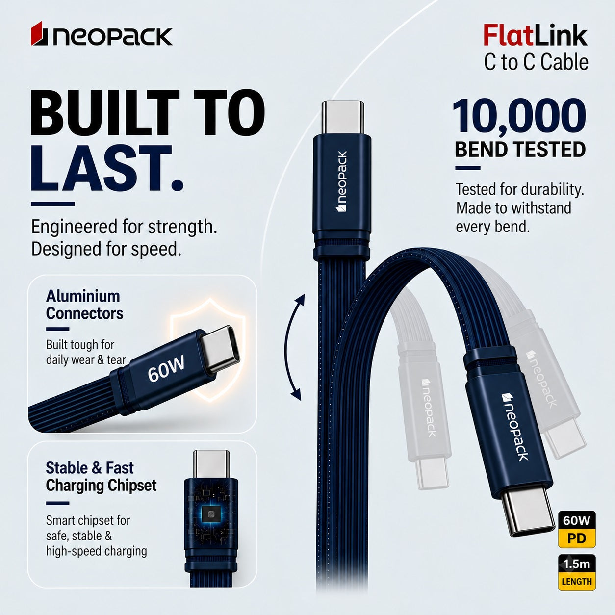 Flatlink Type-C to C 60W PD Fast Charging Cable with Braided Design & 480Mbps Data Sync 1.5M (Blue)