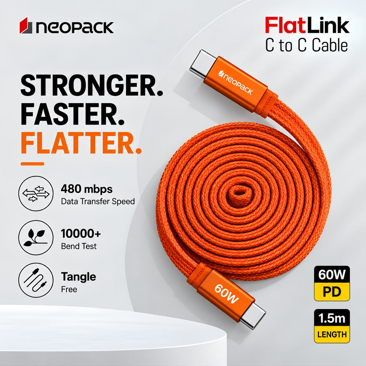 Flatlink Type-C to C 60W PD Fast Charging Cable with Braided Design & 480Mbps Data Sync 1.5M (Orange)