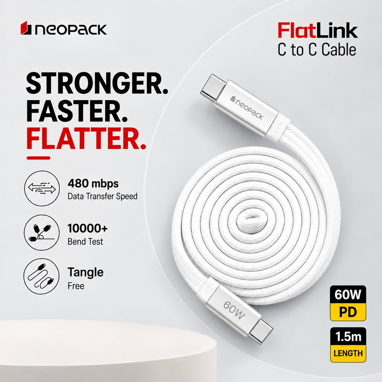 Flatlink Type-C to C 60W PD Fast Charging Cable with Braided Design & 480Mbps Data Sync 1.5M (White)