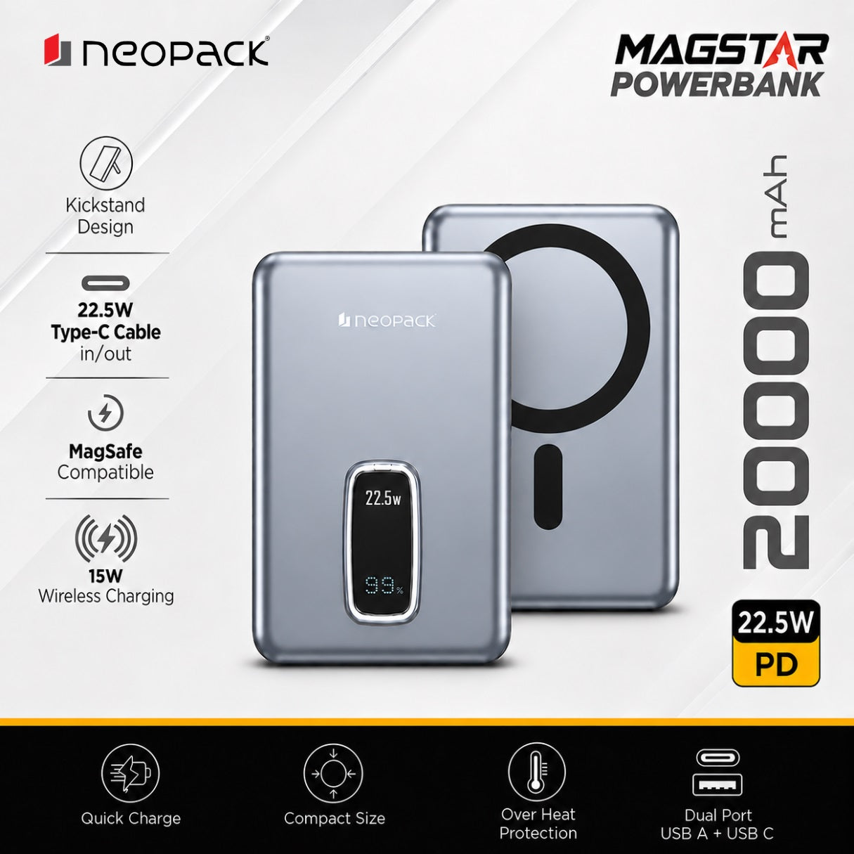 Magstar 20000 mAh Magsafe Power Bank, 22.5W PD Fast Charging Portable Charger (Blue)