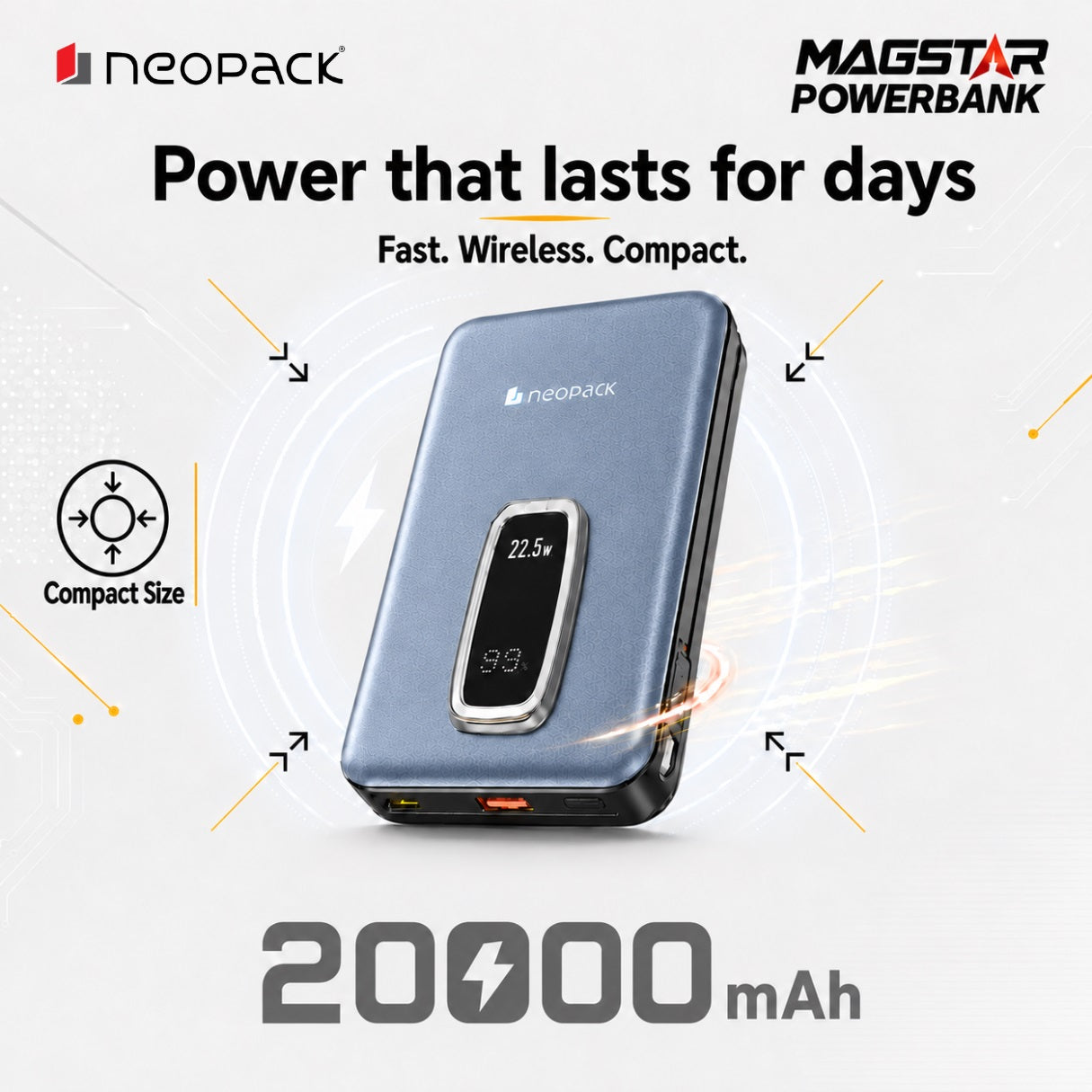 Magstar 20000 mAh Magsafe Power Bank, 22.5W PD Fast Charging Portable Charger (Blue)