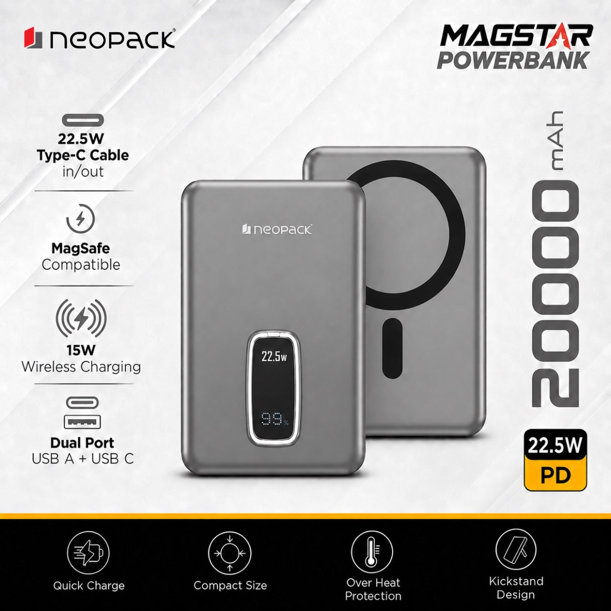 Magstar 20000 mAh Magsafe Power Bank, 22.5W PD Fast Charging Portable Charger (Space Grey)