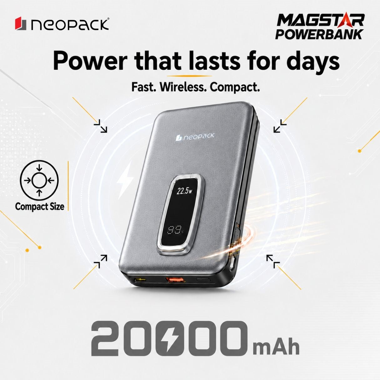 Magstar 20000 mAh Magsafe Power Bank, 22.5W PD Fast Charging Portable Charger (Space Grey)