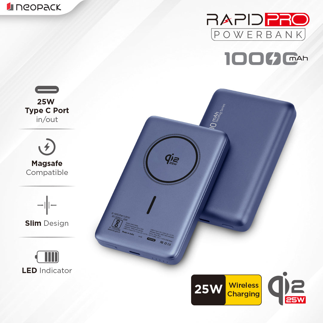 Rapid Pro Magsafe Power Bank 10000 mAH, 25W Fast Wireless Charging with Qi2 Technology (Navy Blue)