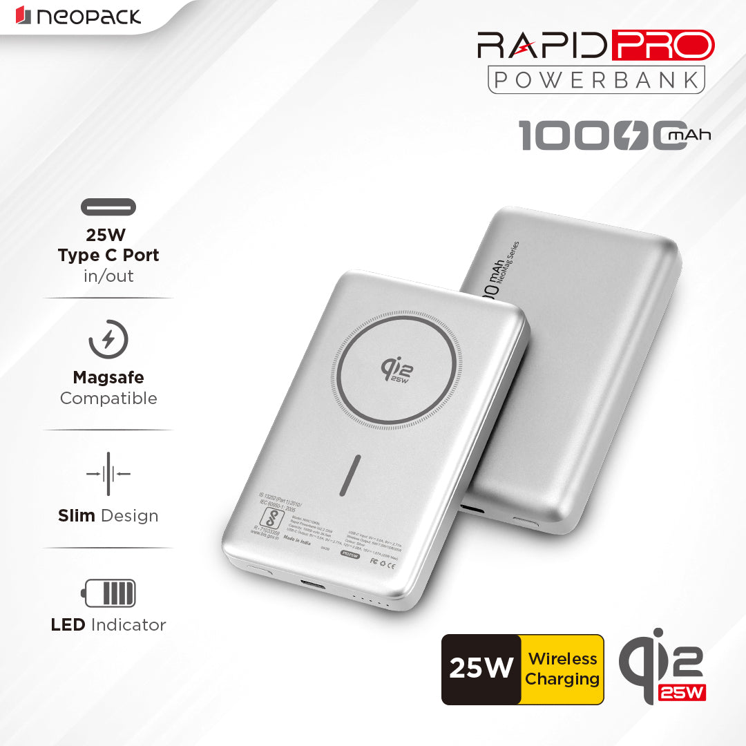 Rapid Pro Magsafe Power Bank 10000 mAH, 25W Fast Wireless Charging with Qi2 Technology (Silver)
