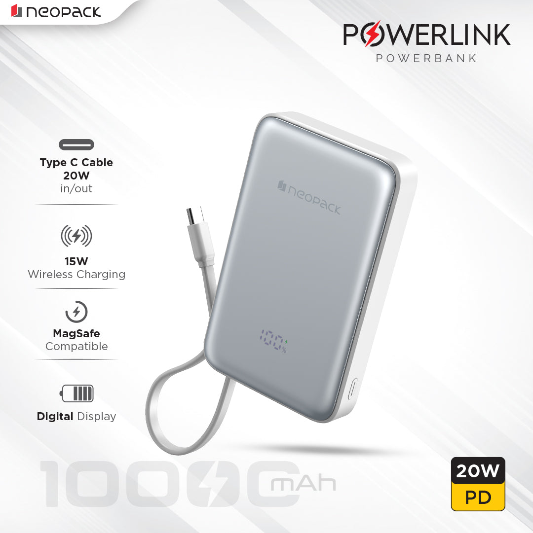 Powerline Digital Display Magnetic Power Bank 10000 mHA with Magsafe Wireless Charging Support @ 15W & Type C @ 20W PD (Silver)